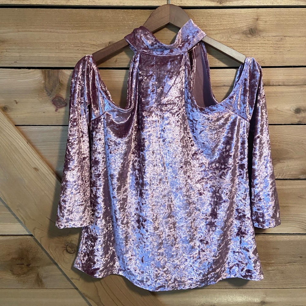 Carmin Pink Crushed Velvet Cold Shoulder Blouse
